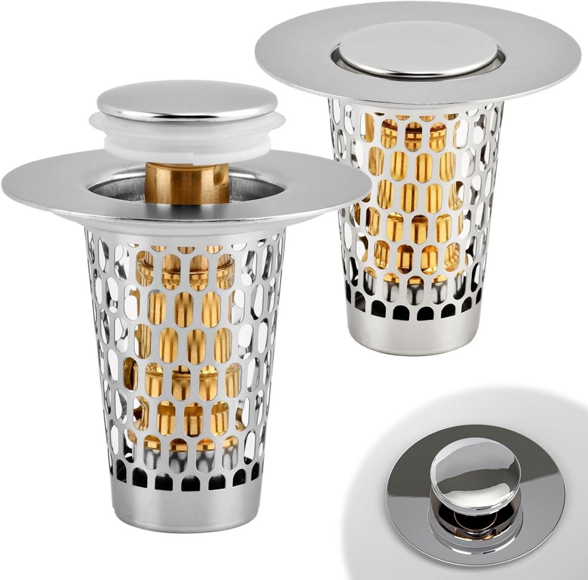 Wastafelstopper Set - Afvoerfilter Haarvanger - Verstopte Afvoer Voorkomen - 2-in-1 Zeef Stop - 2 Stuks 2.8-3.8cm - Zilver