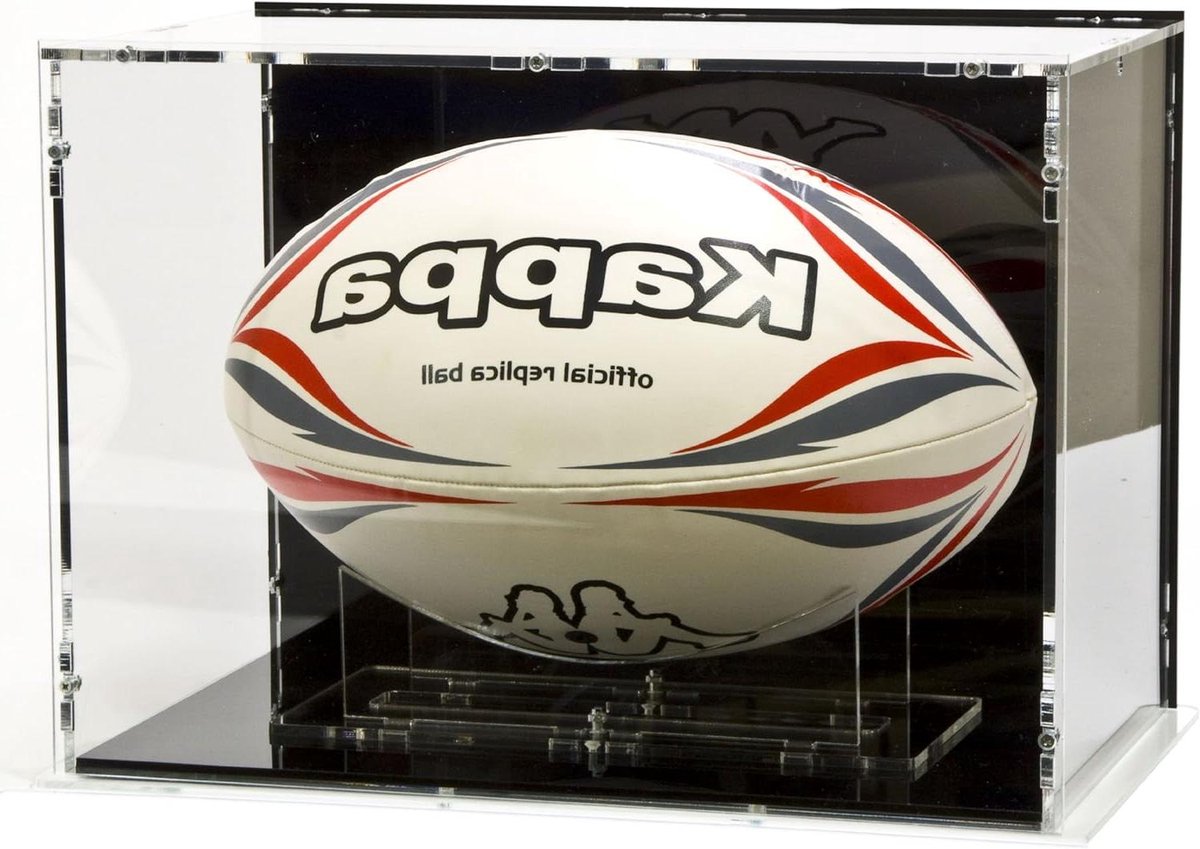 Vitrine Rugbybal - Ballen Display - Sportmemorabilia Tonen - Met Acryl Standaard - 33x20x24 cm - Zwart
