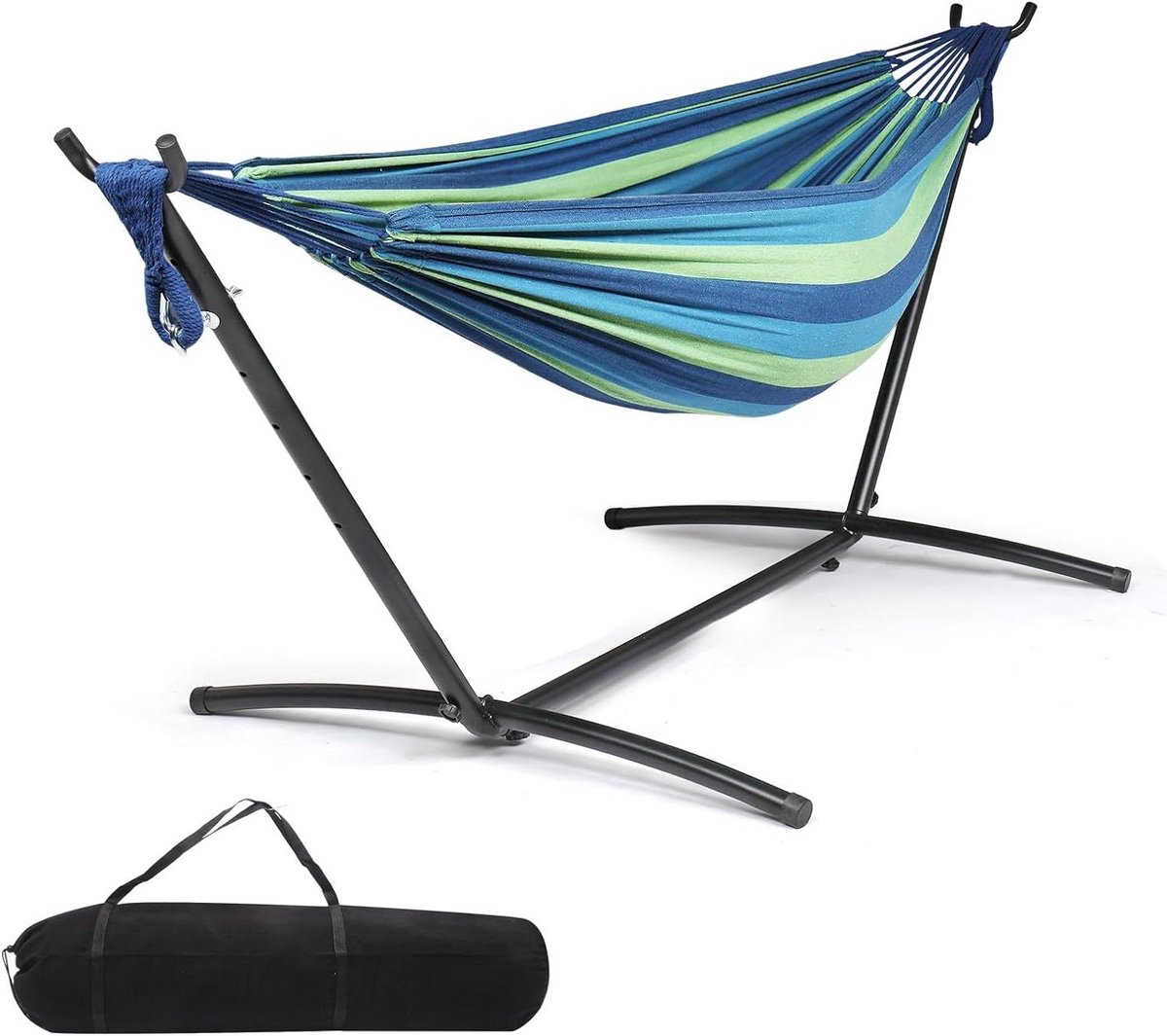 Dubbele hangmat - Buitenbed - Ontspannen in de tuin - Inclusief stevige standaard - 450 lbs capaciteit - Geel blauw