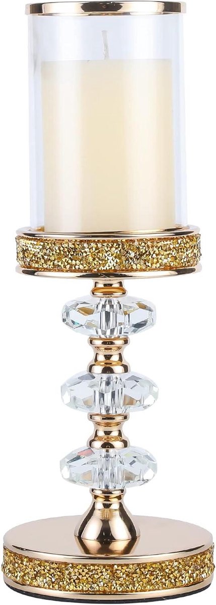 Kristallen Kaarsenstandaard - Kaarsenhouder Decoratie - Tafeldecoratie Bruiloft - Met Winddicht Glas - 33.5 cm Hoog - Chroom