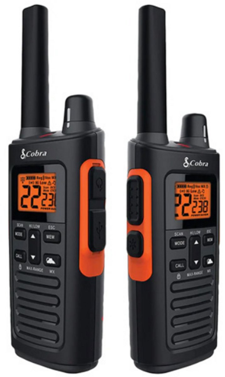 Set van 6 Cobra RX680 PMR446 portofoons IP54 met tafellader en D-shape oortje