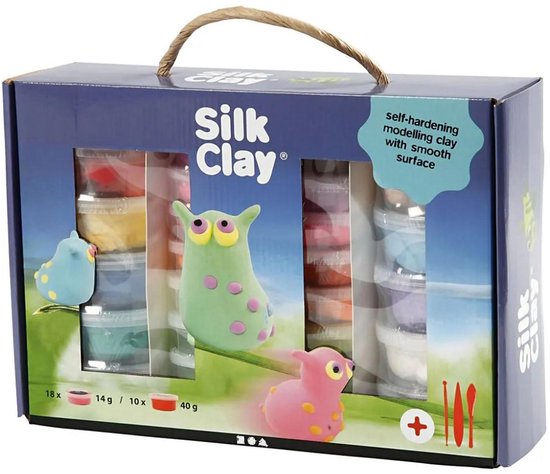 Boîte d'argile de modelage 'Silk Clay', avec 18 pots, 10 pots de 14g et 1 pot de 40g. Avec de petites figurines.