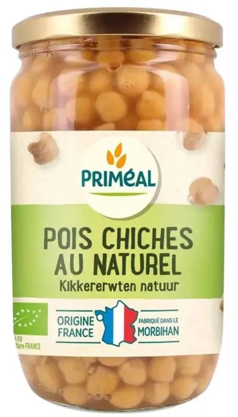 Pot kikkererwten in vocht, met goudkleurig Priméal logo en Franse vlag.