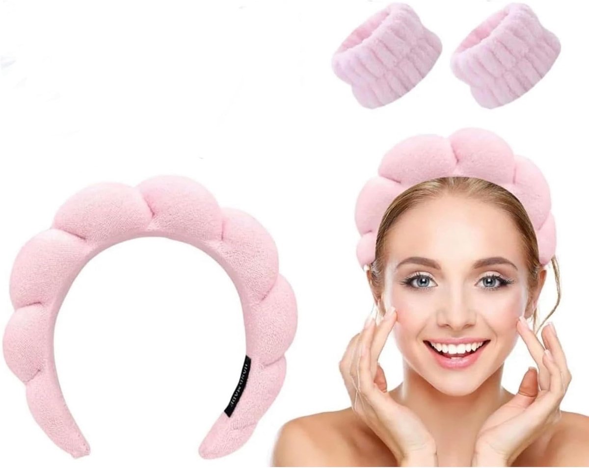 Set van 3 Roze Beauty Accessoires: Douche Haarband en Polsbandjes voor Gezichtswassen