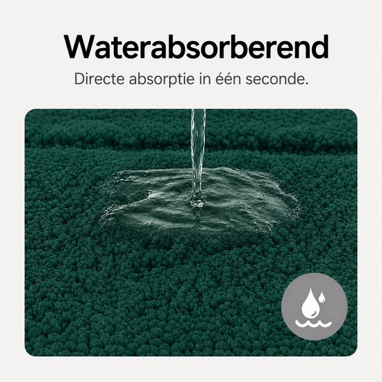Water wordt op de donkergroene badmat gegoten en absorbeert onmiddellijk.