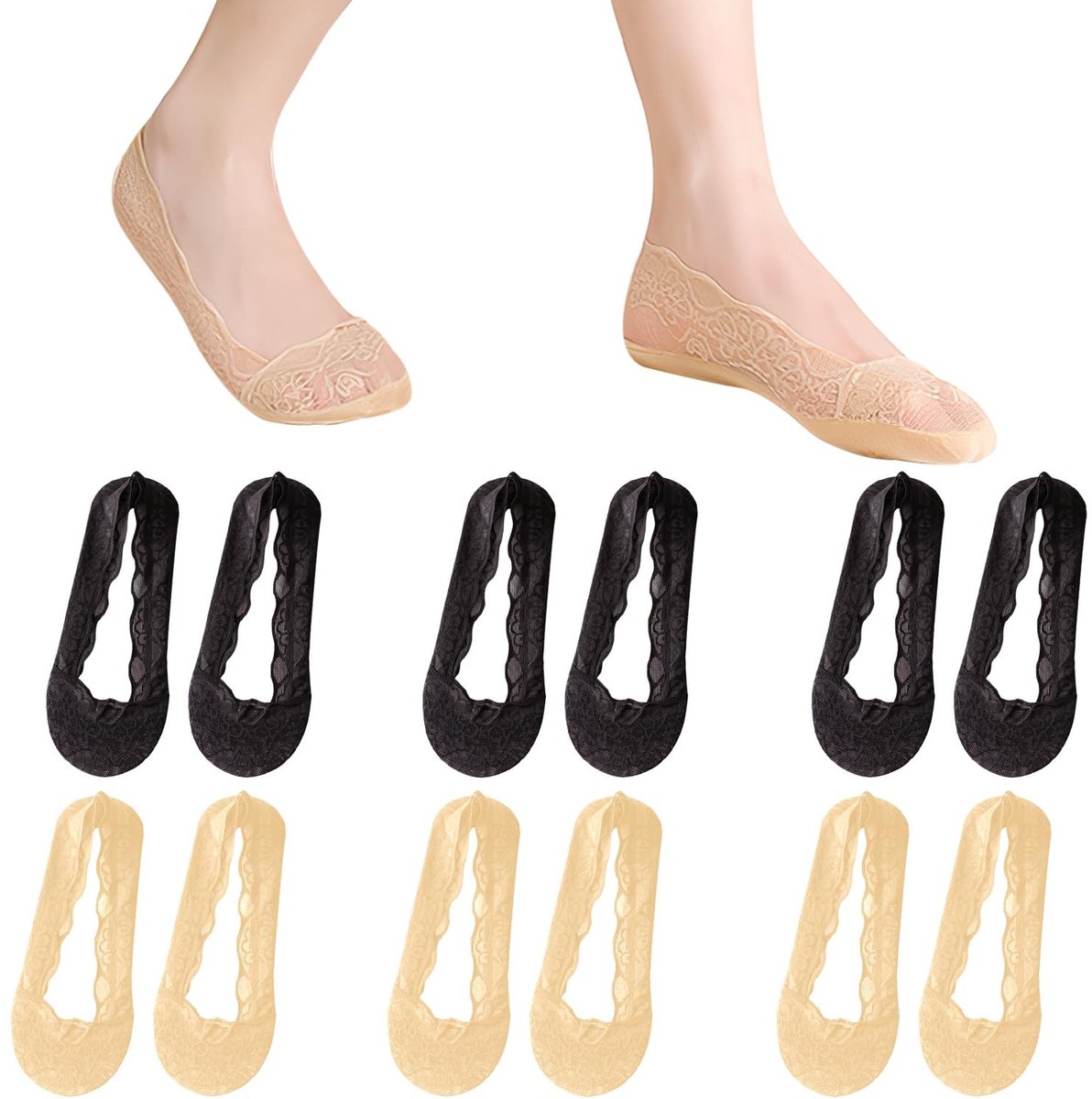 Cosensi- No Show Sokken Dames - 6 Paar - Onzichtbare Sokken - Antislip - Ademend - Lichtgewicht - Zijden Materiaal