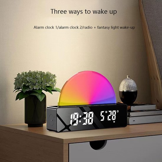 LED Spiegelwekker - Digitale Klok - Ontspannen Wakker Worden - Zonsopgang Simulatie - 18.9cm - Wit — afbeelding 3