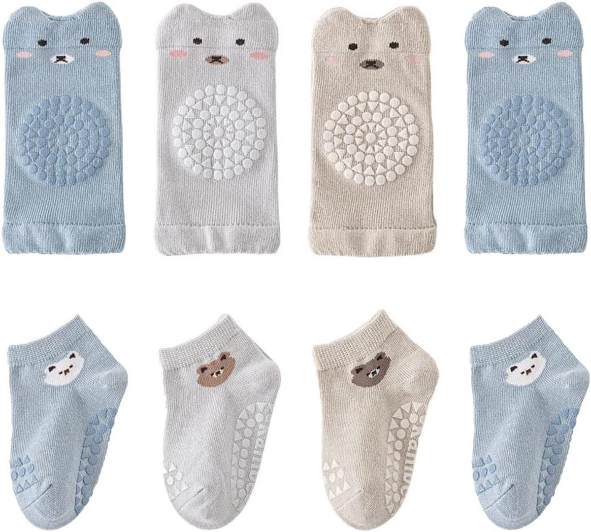 8-Delige Set: Kniebeschermers en Antislipsokken met Dierenmotief voor Baby en Kind