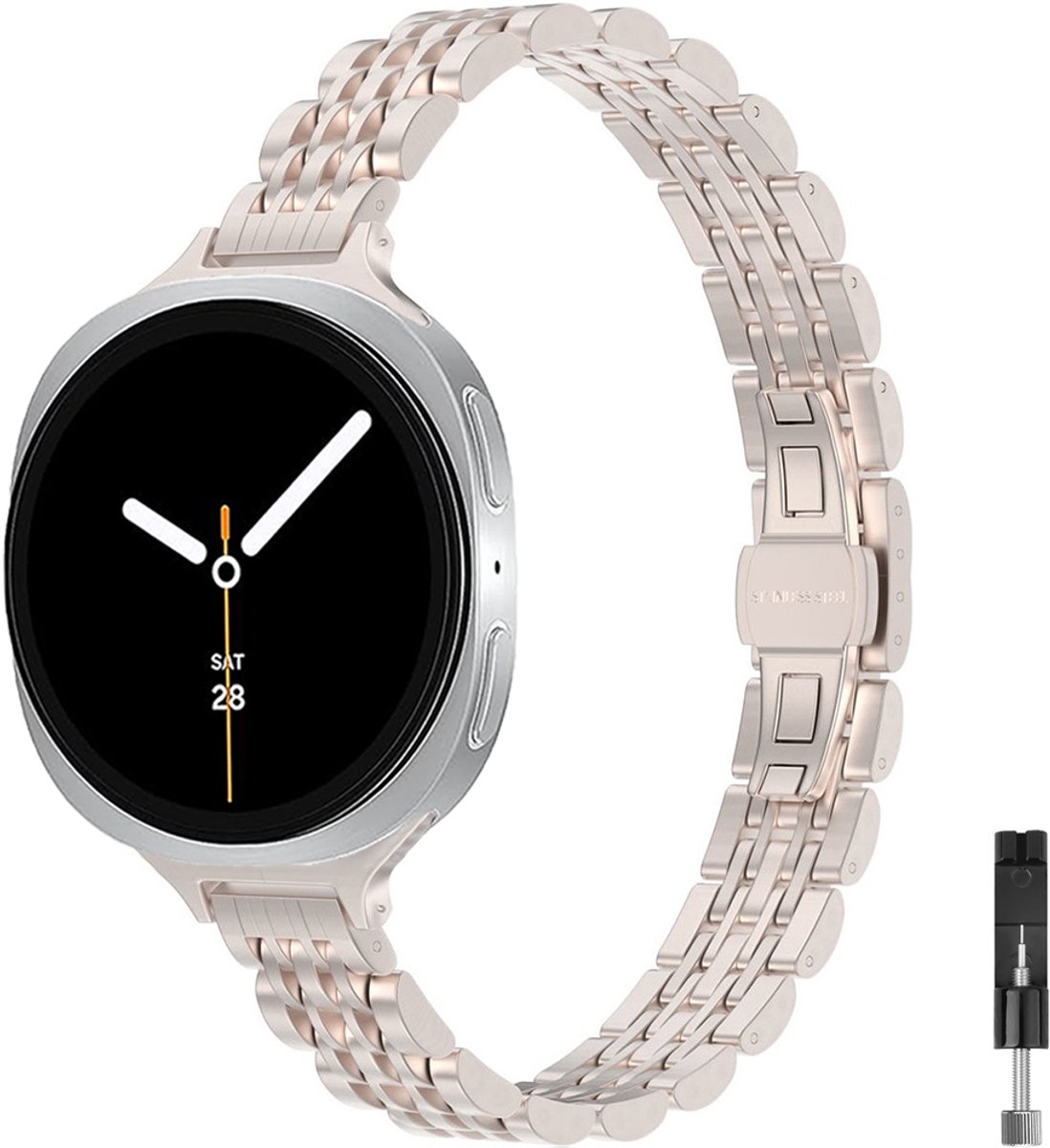 Stravo Slim RVS Schakelband – 7-Link Design – Elegante Dunne Horlogeband – Geschikt voor Samsung Galaxy Watch 8 40mm / 44mm & Watch 8 Classic 46mm – Starlight