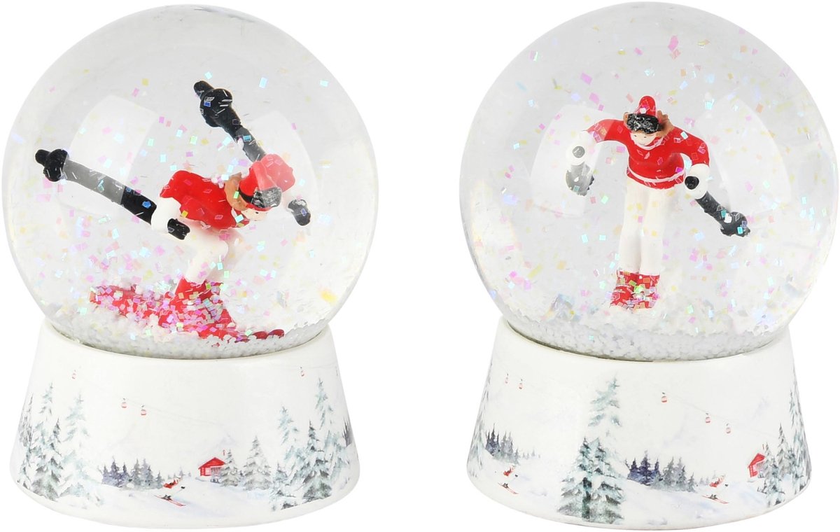 Dekoratief | Waterbol m/skiers, wit/rood, resina/glas, 7x7x9cm, set van 2 stuks | A265243