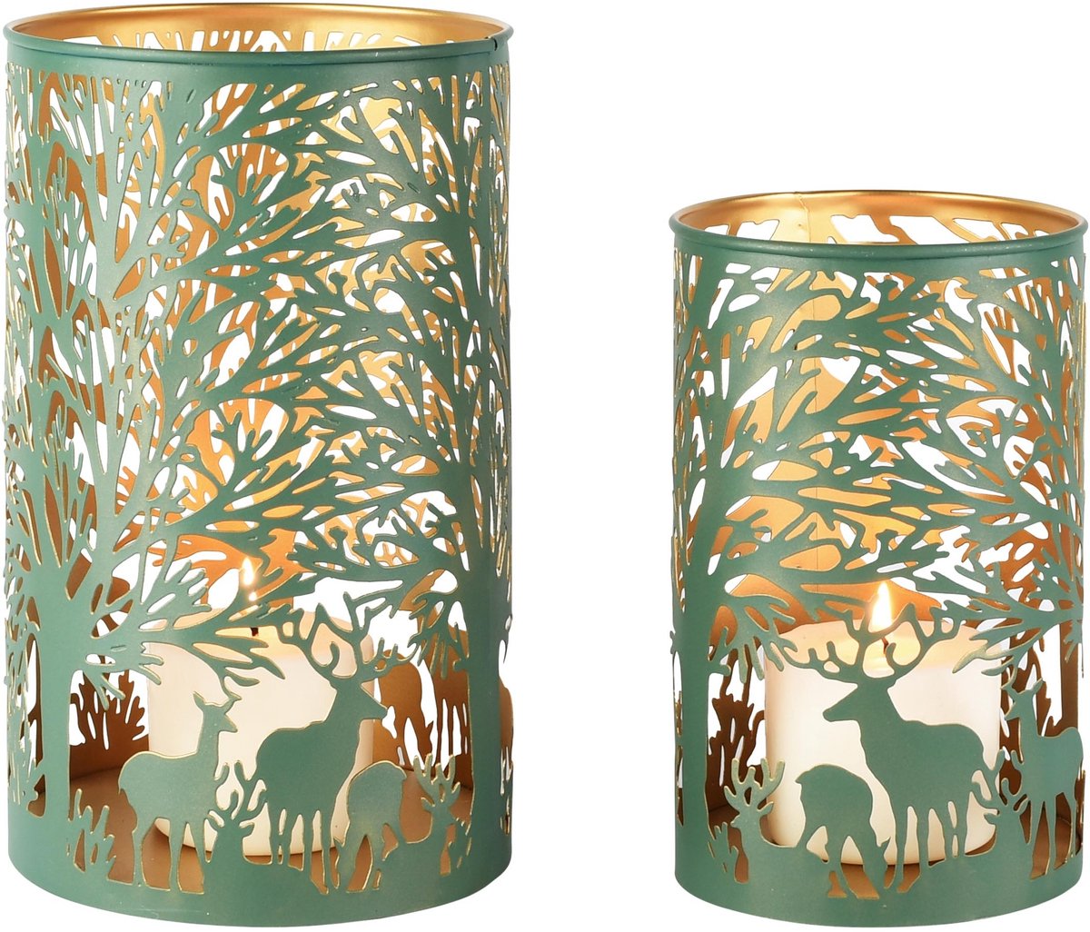dekoratief Set 2 Waxinelichthouders 'Deer Forest', groen/goud, metaal, 15x15x25cm | A268173