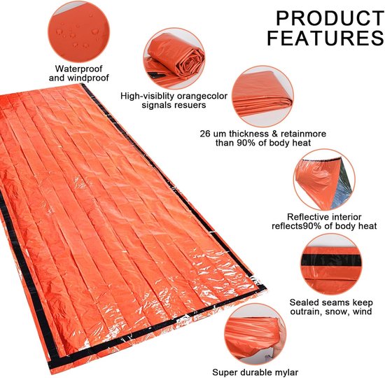 Noodslaapzak en Bivakzak Set - Survival Slaapzak Reddingsdeken - Outdoor Noodsituaties - Ultralicht Waterdicht - 210 x 160 cm - Oranje — afbeelding 5