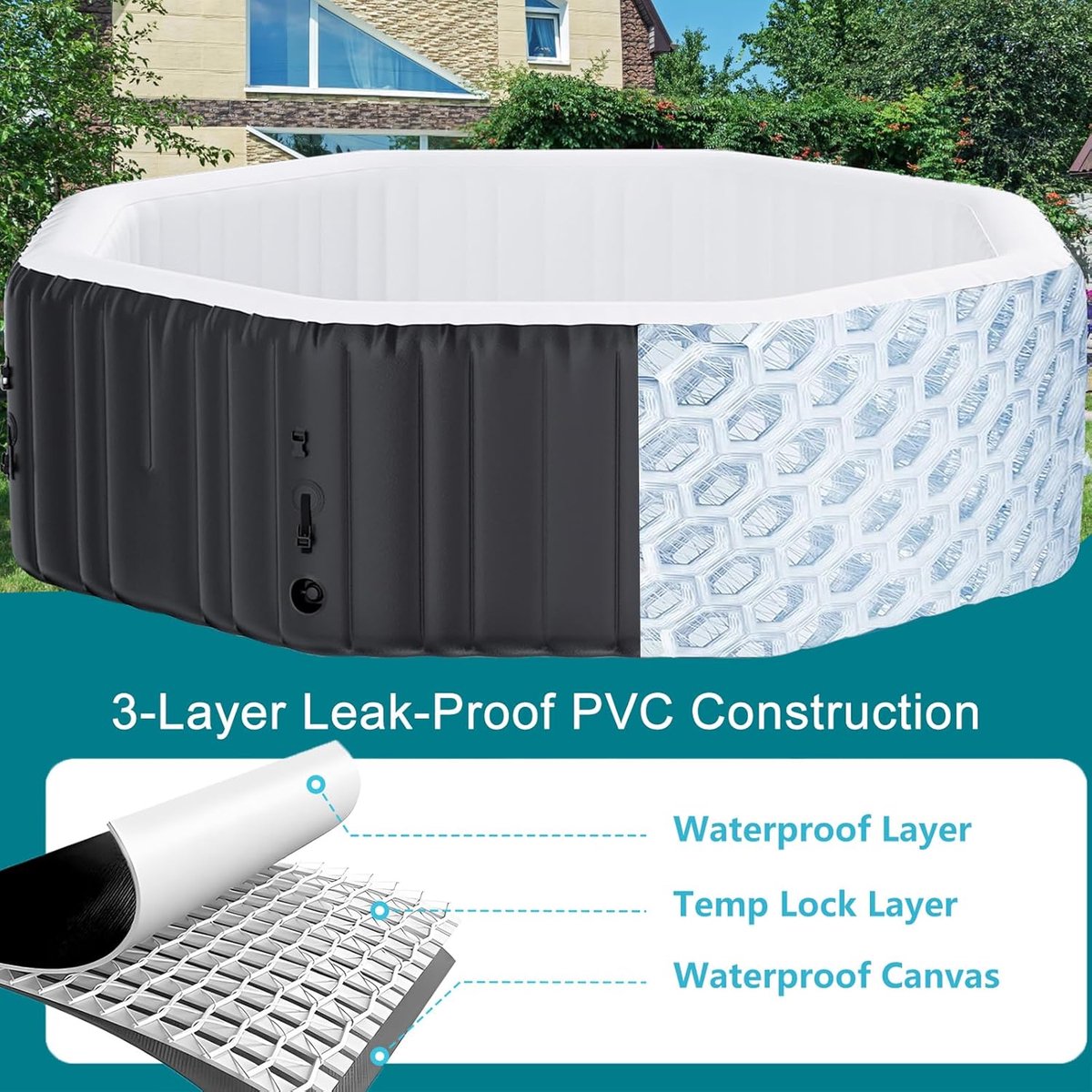 Opblaasbare Jacuzzi 4–6 Personen 195x195 cm – House&Garden Luxe Outdoor Hot Tub met 1350W Verwarming, 120 Luchtjets, LED Verlichting, Isolerende Afdekking, Filterpomp & Antislip Mat – Draagbare Spa voor Tuin & Binnen Gebruik