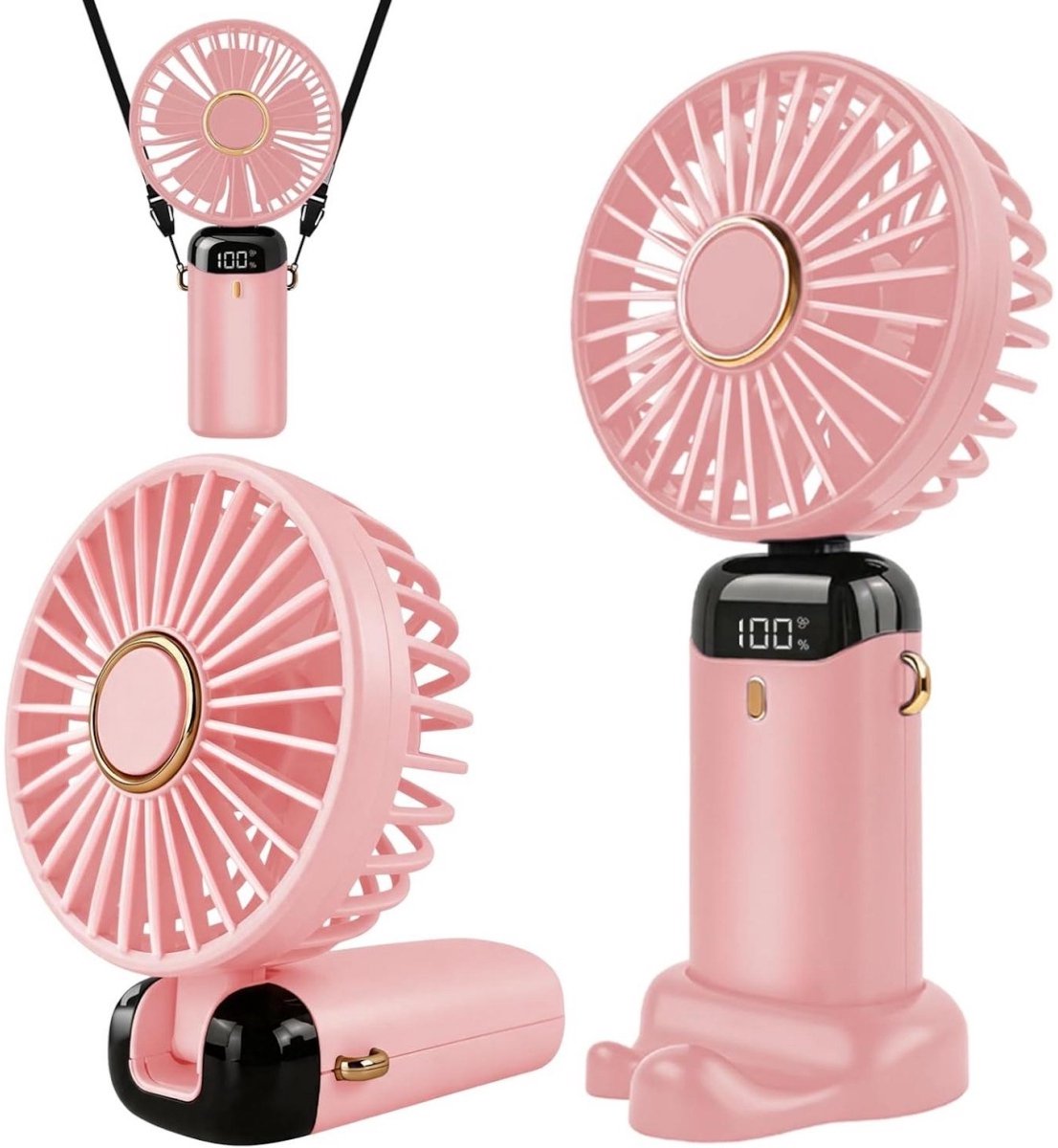 GELLDG Handventilator - Draagbare miniventilator - Oplaadbaar - Compacte zakventilator - 5 snelheidsstanden - Opvouwbare USB-ventilator - Geschikt voor kantoor en buitengebruik - Inclusief onderstandaard en draagkoord - Roze