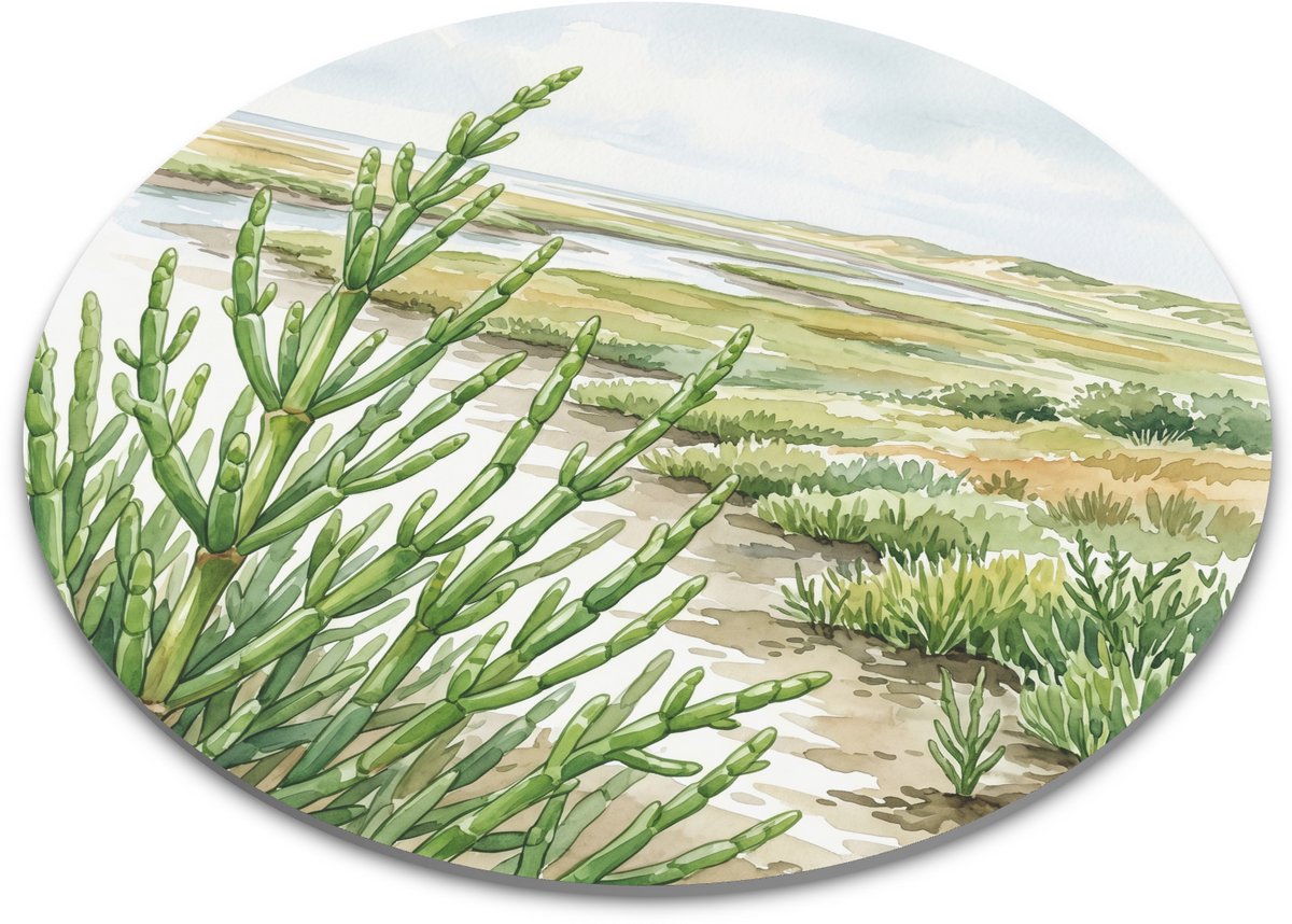 Ronde Muismat - Zeekraal Kustlandschap - Aquarel Handgetekende Natuur Illustratie - Botanisch Cadeau voor Natuurliefhebber - Thuiswerkplek en Bureau Accessoire