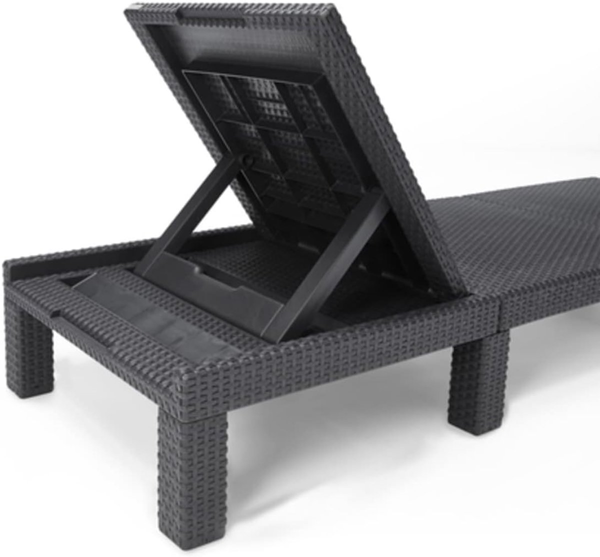Tuinligstoel Deluxe Rotanlook met Verstelbare Rugleuning en Kussen - 195 x 65 x 25,5 cm - Weerbestendige Kunststof Ligstoel voor Tuin, Terras, Balkon en Zwembad - Grafiet Grijs - Mobili Bella