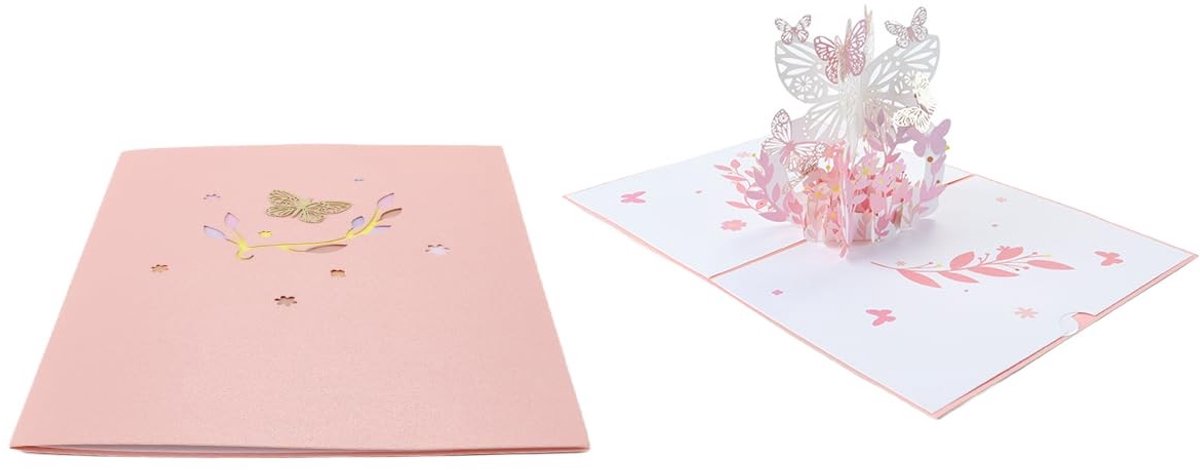 MTTproducts- Pop-upkaart met vlinderbloem - 3D kaart - Verjaardagskaart - Cadeauset met envelop - Roze - 15,5 x 13 cm