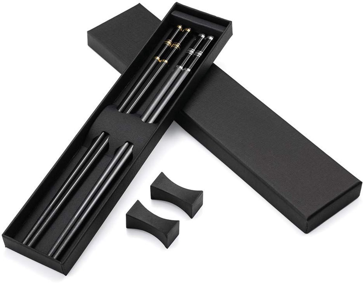 MTTproducts- Eetstokjes Set - 2 Paar Gouden/Zilveren Eetstokjes - Eetstokjes Houder - Vaatwasserbestendig - Herbruikbaar - 24,3 cm Lengte - Chopsticks