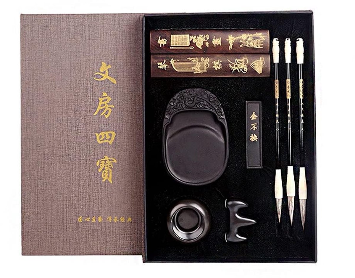 MTTproducts- Kalligrafieborstels Set van 10 - Chinese Kalligrafie Borstels - Sumi Borstels - Inktsteen - Penseelsteun - Geschenkdoos - Kalligrafieset