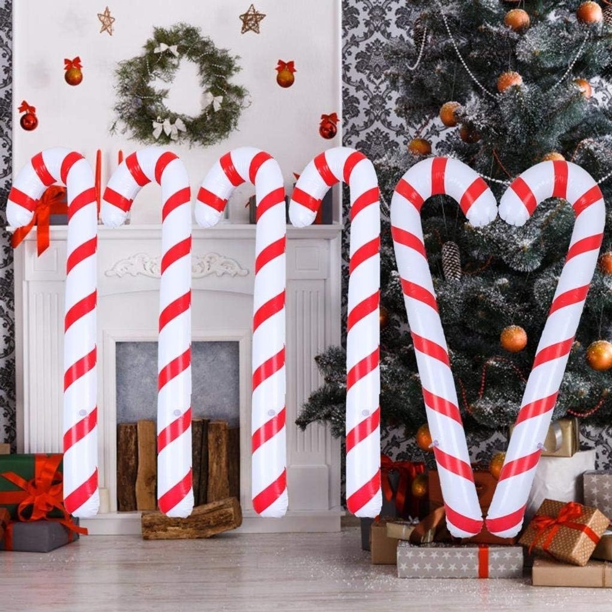 NTH products- Opblaasbare Snoepstok 90 cm - 6 Stuks - Kerstdecoraties - Snoep Riet - Indoor/Outdoor - PVC Materiaal - Kerstdecoratie