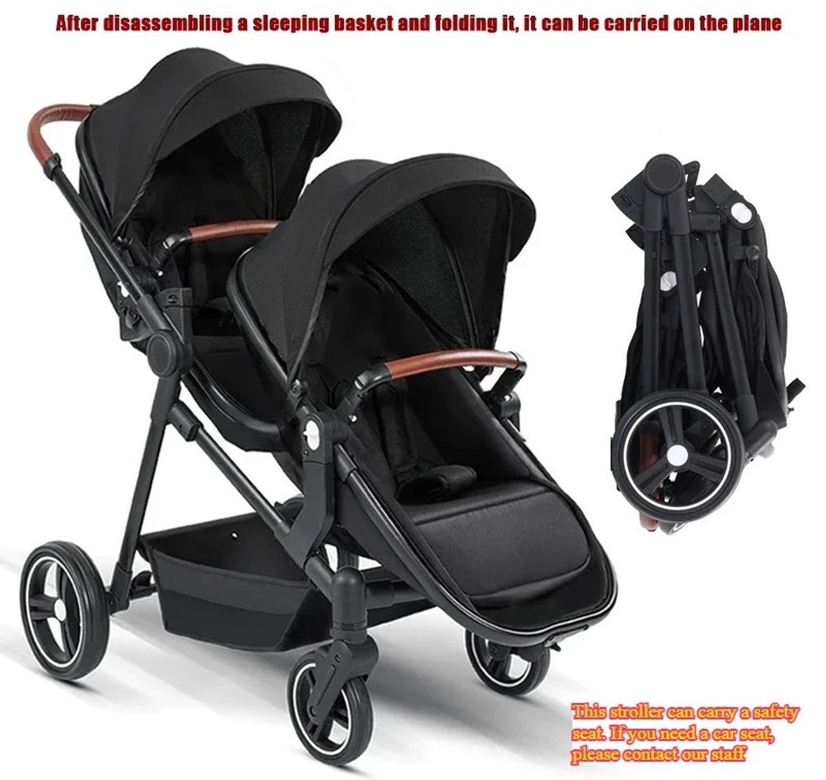 Velmio Tweeling buggy - Duo kinderwagen - Dubbele kinderwagen - Incl. 2 Omvormbare Zitjes & Reiswiegjes - Schokabsorberend - Duo Buggy - Verstelbaar - Zwart — cadeau in Cadeau-ideeën - foto 5
