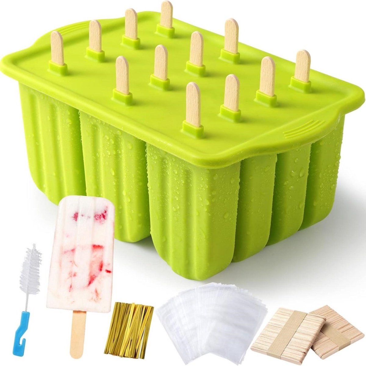 GELLDG 12 Stuks Ijsvormen - Stieleisvormen Set - BPA Vrij Herbruikbaar Siliconen Ijslolly Moulds - Geschikt voor Oven, Koelkast, Magnetron en Vaatwasser - Incl. Houten Stokjes, Zakjes, Trechter en Borstel - 21x14x10 cm