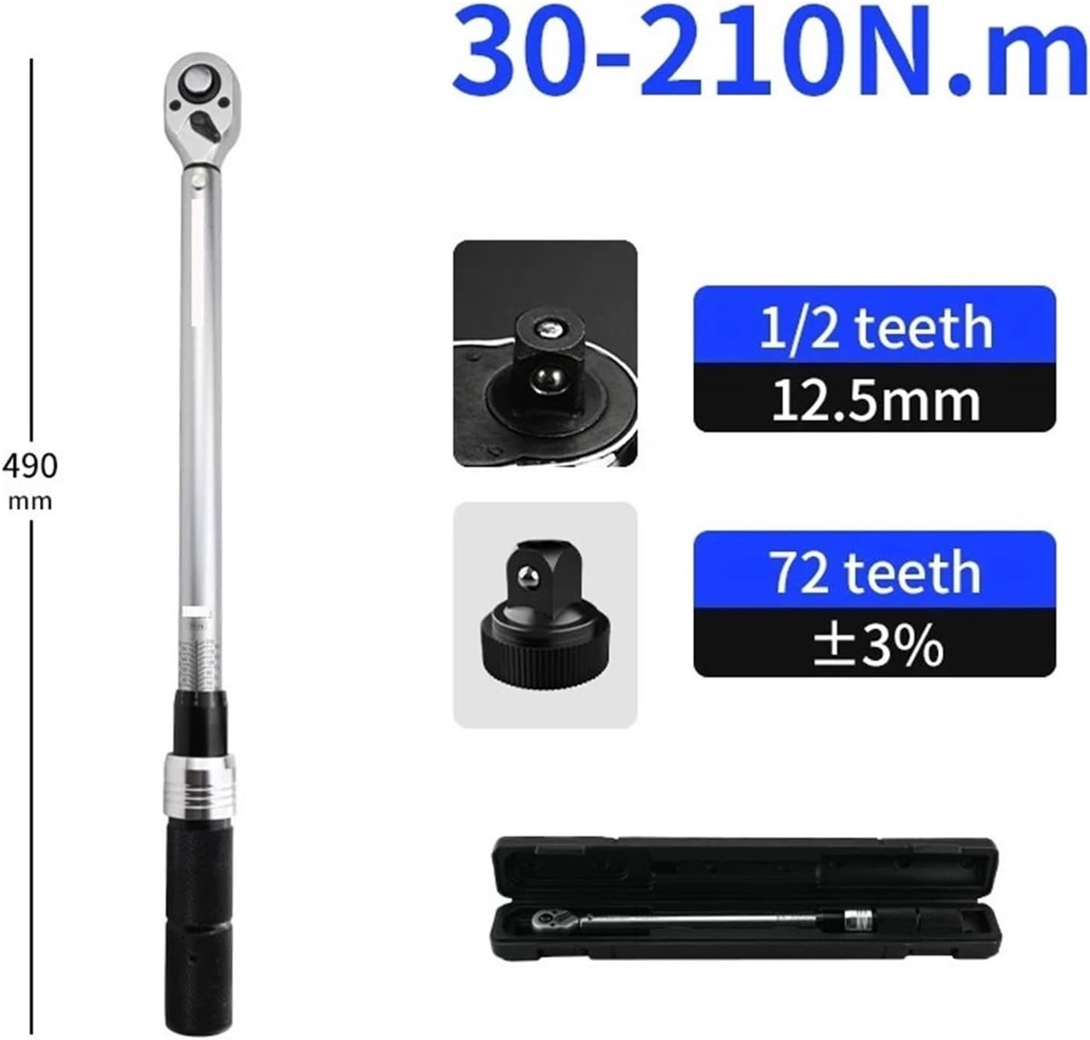 Momentsleutel Set - Klik Ratelsleutel - Auto Reparatie - 72 Tanden Kop - 30-210 Nm - Zilver