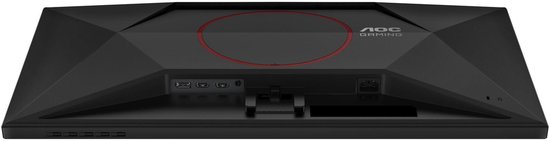 Poorten aan de achterkant van de zwarte AOC gaming monitor met rood cirkelvormig design.