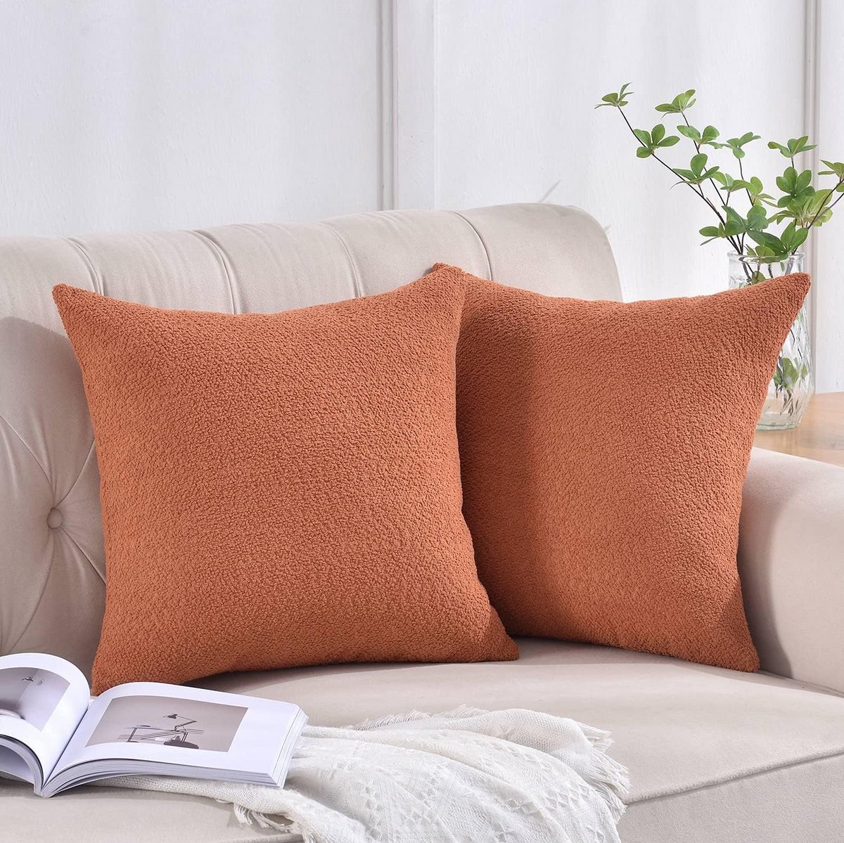 Set van 2 Sierkussenslopen Bouclé-Look Terracotta Decoratief 50x50 cm voor Woonkamer en Bank