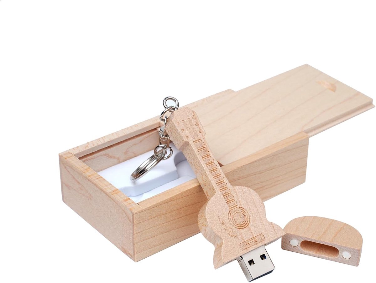 Houten USB Stick in Gitaarvorm - 32GB Geheugen met Houten Opbergdoos