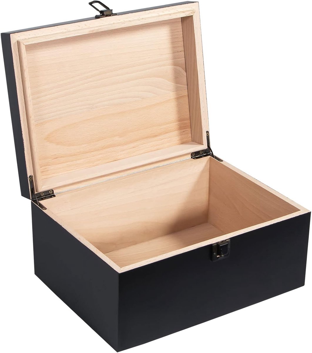 Grote Houten Herinneringskist met Slot - Vintage Decoratieve Opbergdoos voor Sieraden en Cadeaus - Zwart