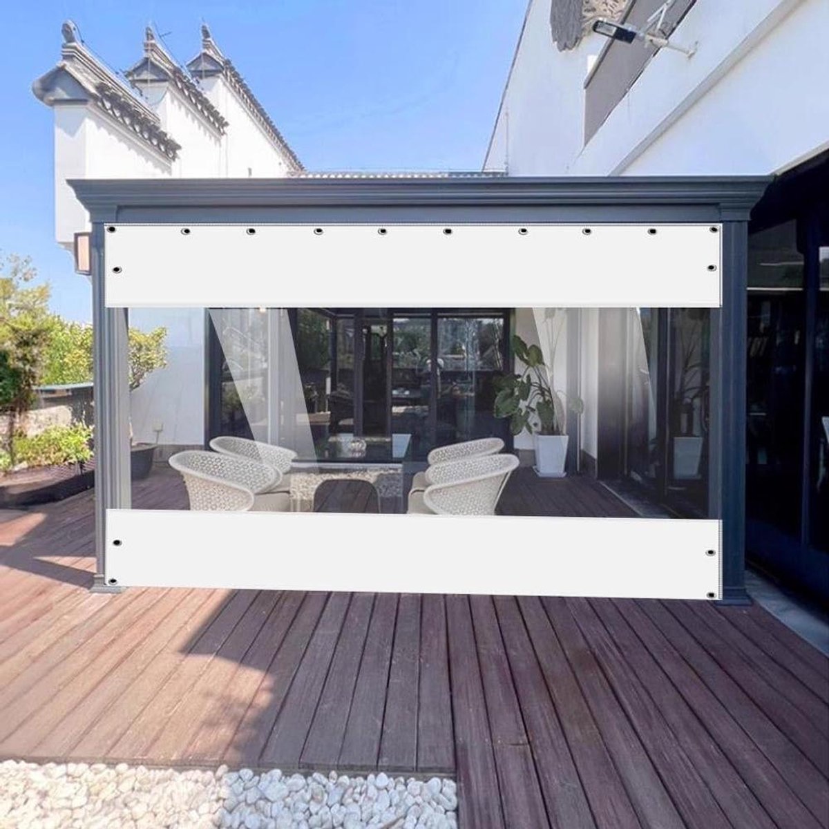 Vinyl Buitengordijnen - Terras Zeil - Buitenruimte Beschermen - Waterdicht Scheurbestendig - 12 x 7 m - Transparant