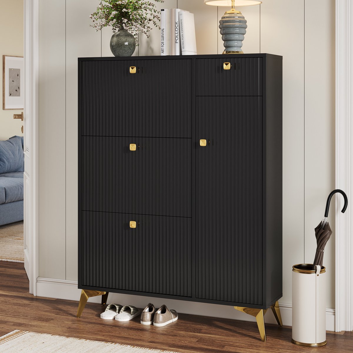 HAUSS SPOLE Schoenenkast - 3 Kleppen Met Lade En Deur - Smal Voor Hal En Entree - Spaanplaat Metaal - 90x25x121 Cm - Zwart