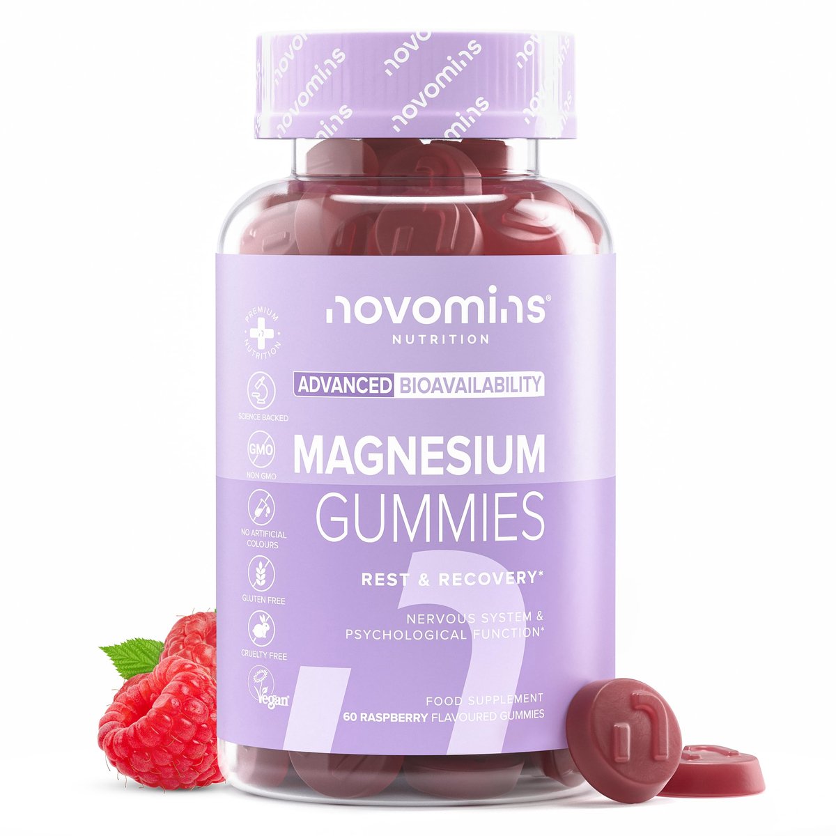 Magnesium, 1636 mg Magnesiumcitraat, 60 Gummies, Vegan, Halal, Getest door Eurofins, Novomins