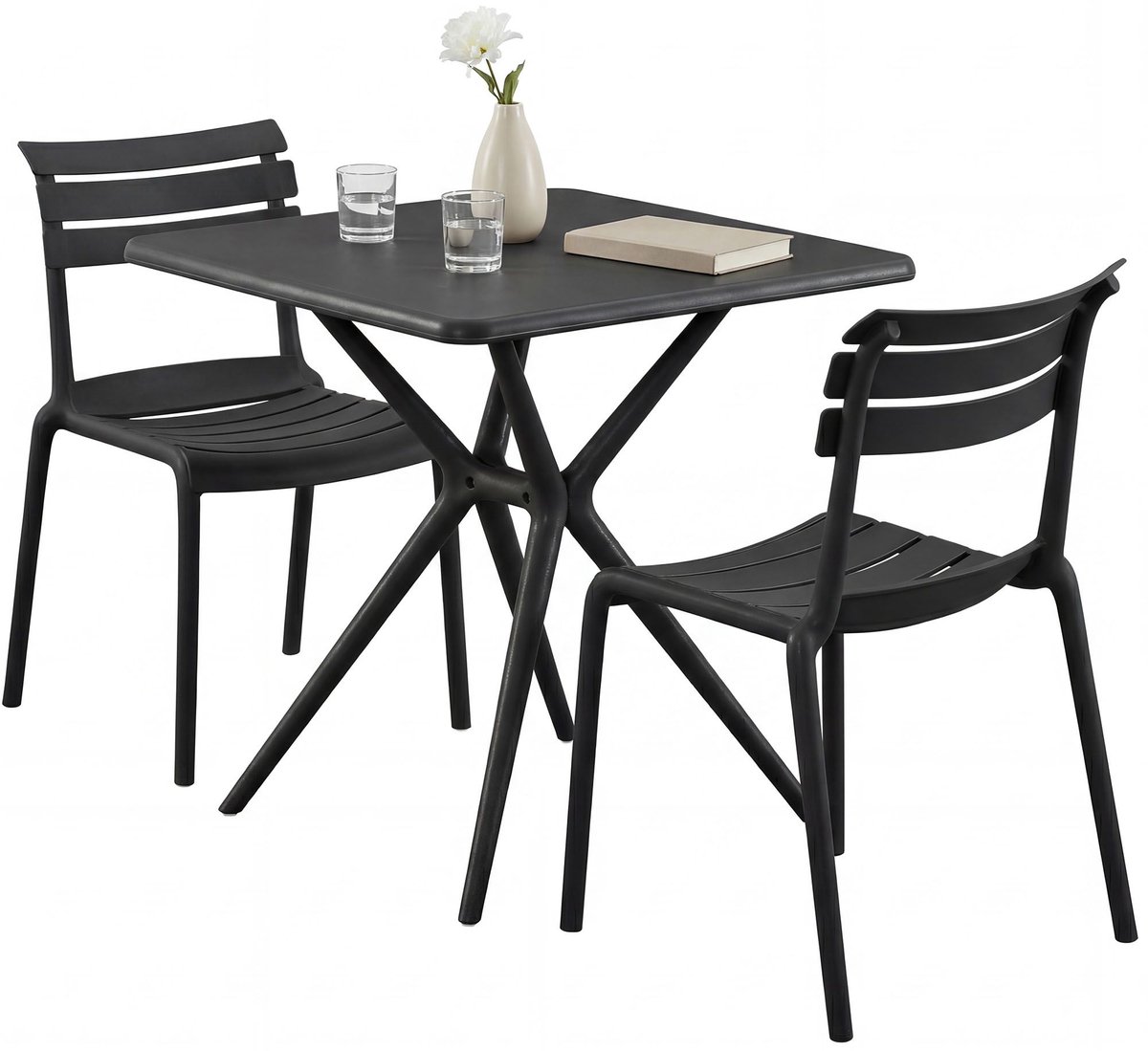 CLP Vela tuinmeubelset - 2 stapelstoelen - vierkante eettafel 72x72cm - weerbestendige balkonset - voor terras en tuin - zwart