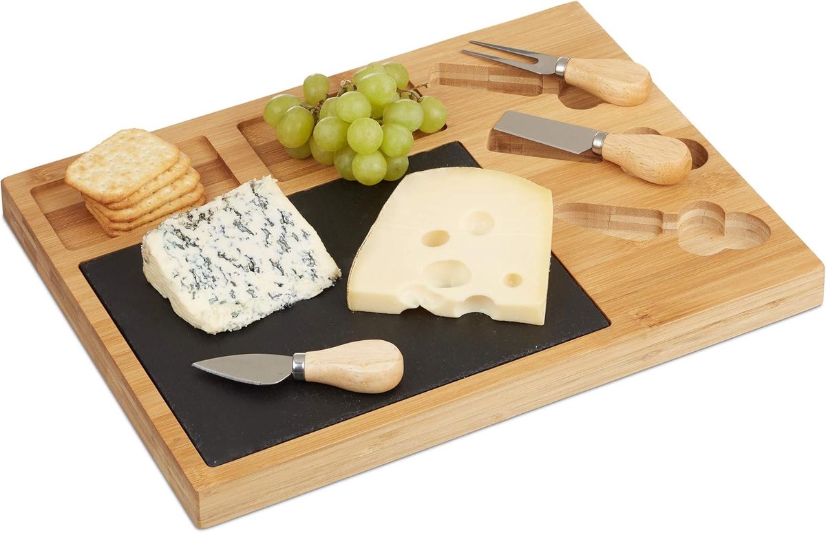 Famanu - Bamboe serveerplank 40 × 30 cm met 3 messen, ideaal voor wijn, kaas en vlees – Natuur