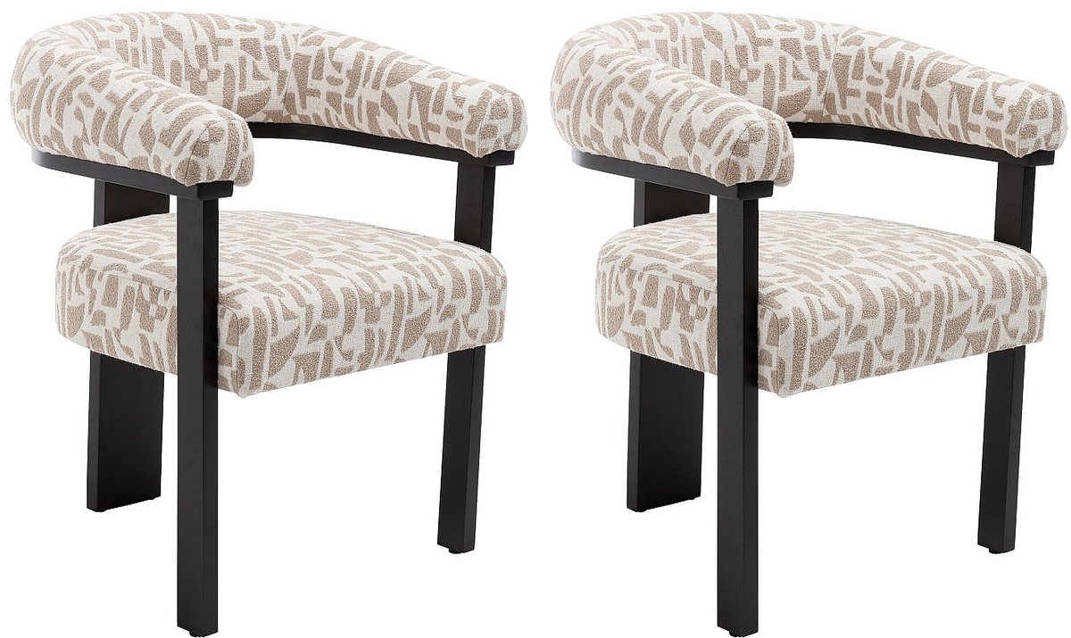 Vente-unique Set van 2 stoelen met armleuningen in tweekleurige getextureerde stof en zwart rubberhout - Crème en taupe - LIVELIA Taupe, Crème