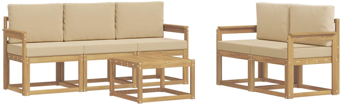 vidaXL Buiten - bank - set - 6 - st - 5-zits - Wit - en - Beige - Solid - Acacia - Wood wit en beige