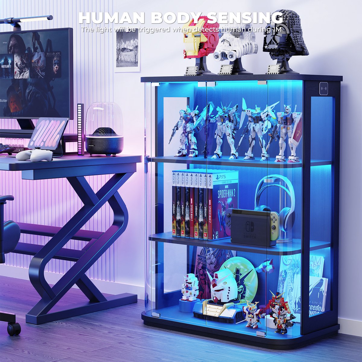 BROTTAR- Ronde glazen vitrine - 3 niveaus met LED - Bewegingssensor - Zwart - 80x38.5x103.5 cm