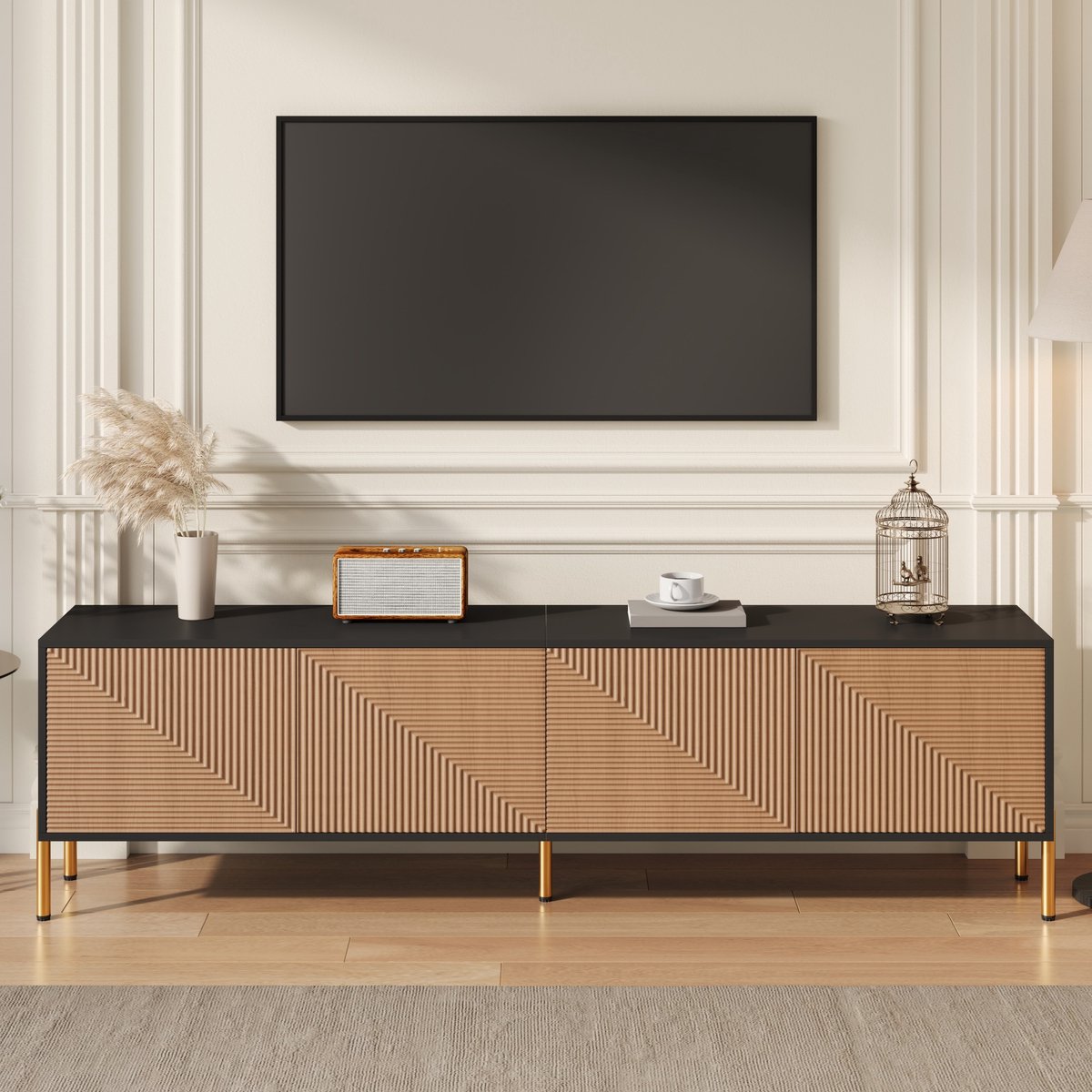 VVBV TV Meubel 179 cm – Moderne TV Kast/Lowboard met TV Paneel en Kleurblokdesign – Opbergruimte voor Woonkamer – Eigentijds Design Black,Natural