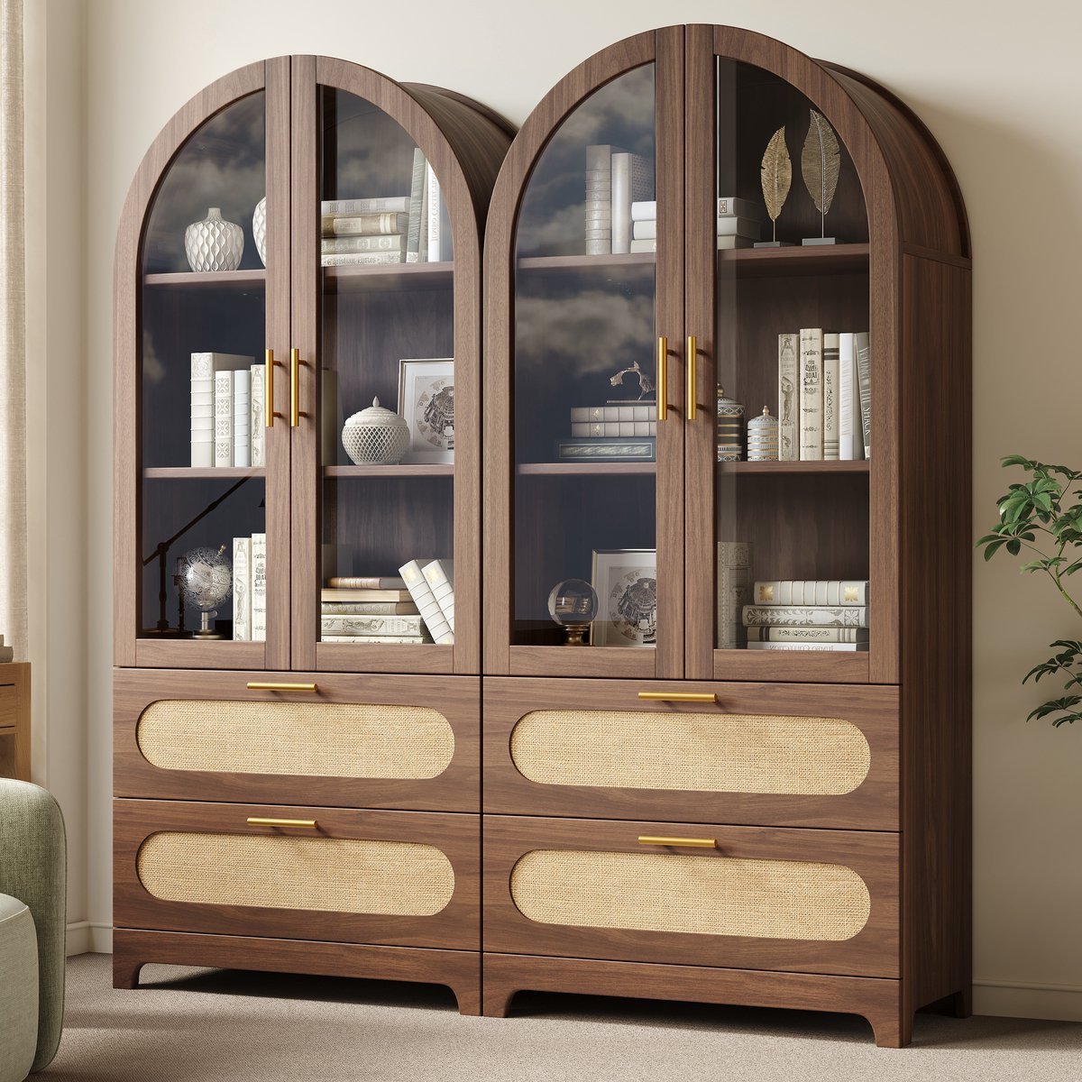 OKWISH Vitrinekast - Retro Design Met Glazen Deuren En 2 Laden - Voor Woonkamer Of Eetkamer - MDF Houtkleur - 80x40x175 cm