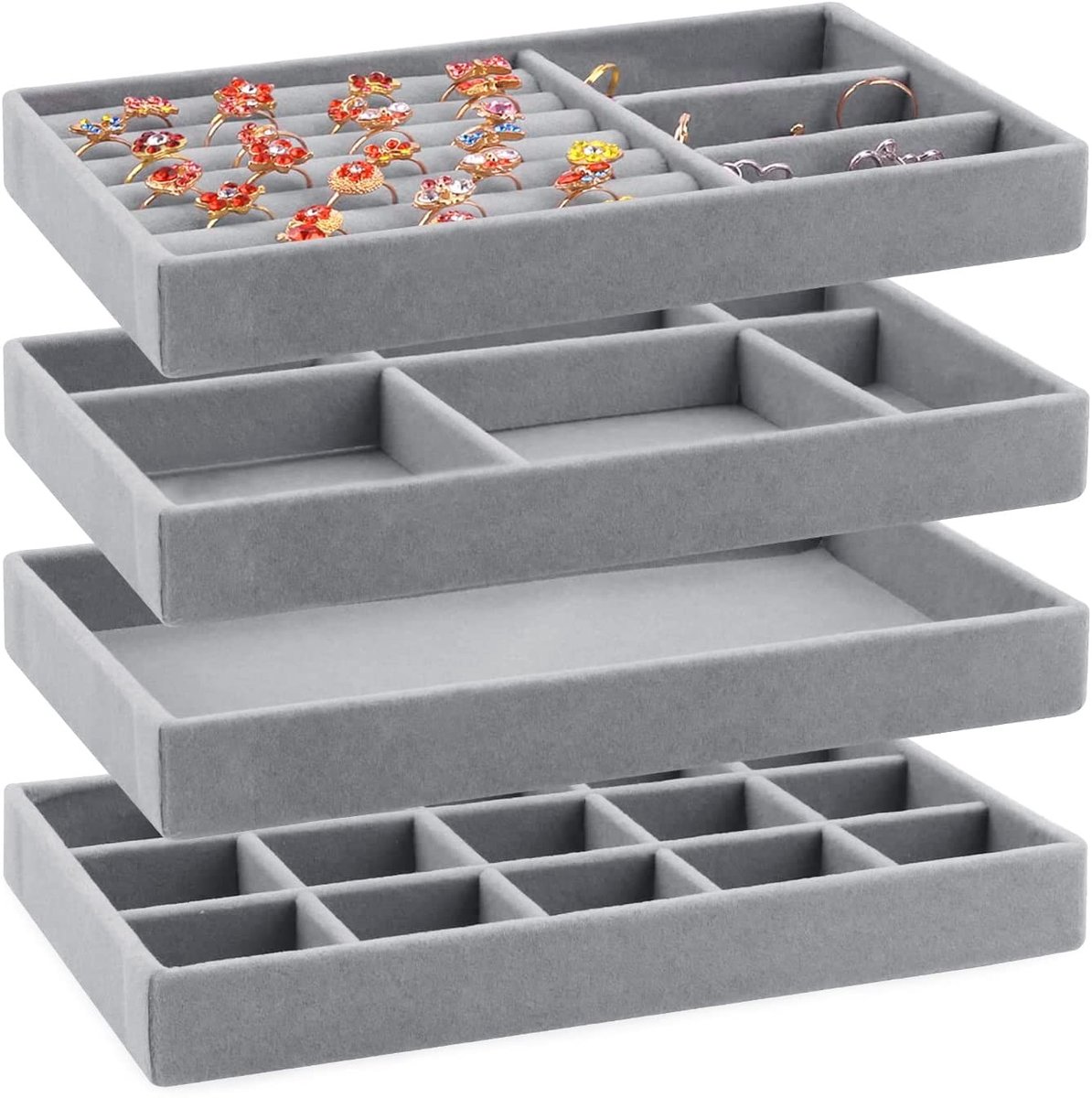 Famanu – Sieradenopslag set van 4 lade-inzetstukken, grijs, voor het organiseren van oorbellen, armbanden en ringen