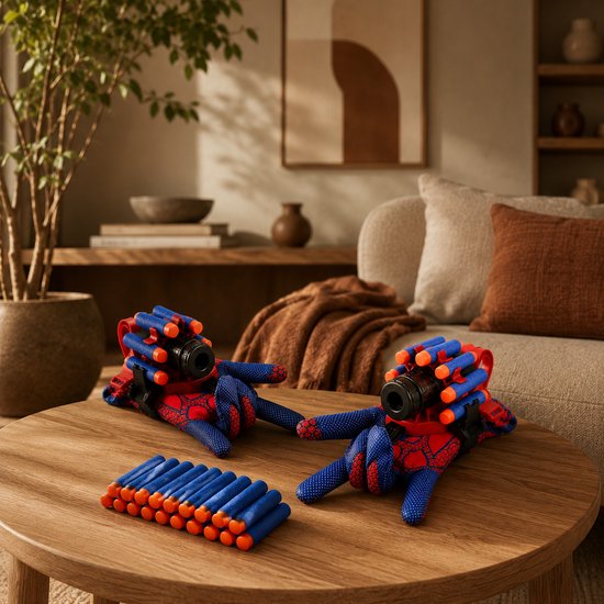 Twee Spidey handschoenen met dartladers en een stapel dartpijltjes op een houten tafel in een woonkamer.