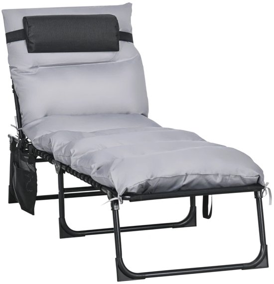 Opklapbare Ligstoel met Hoofdsteun & Kussen - Tuinstoel - Ligbed met 5-standen Verstelbare Rugleuning - Campingligstoel - Zonnebed - Relaxstoel - tot 120 kg - voor Tuin, Terras, Zwembad & Balkon - Lichtgrijs