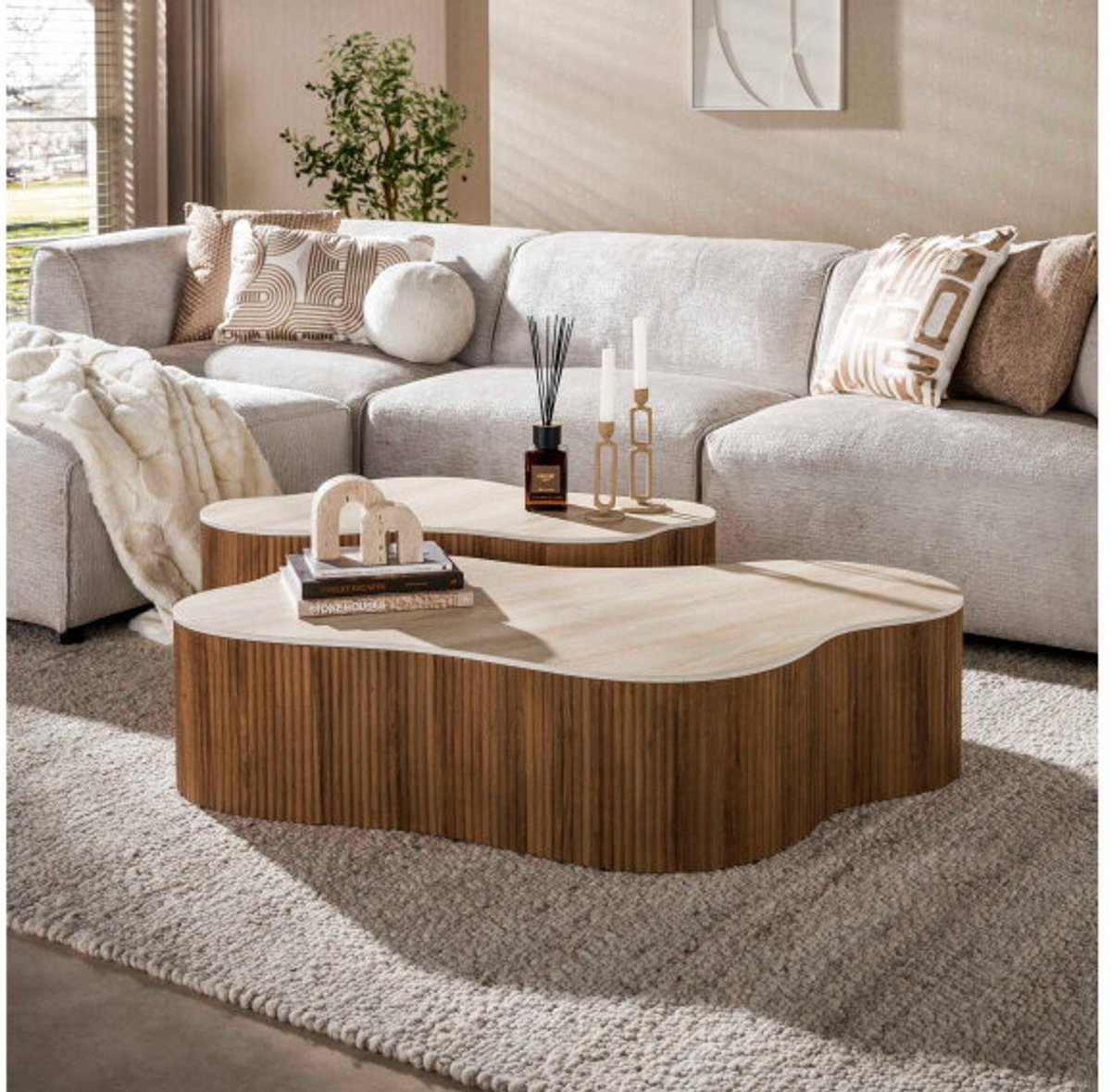 Meubelplaats Salontafel Kyoto grande set/2 organisch - 3D keramiek travertin Lichtbruin