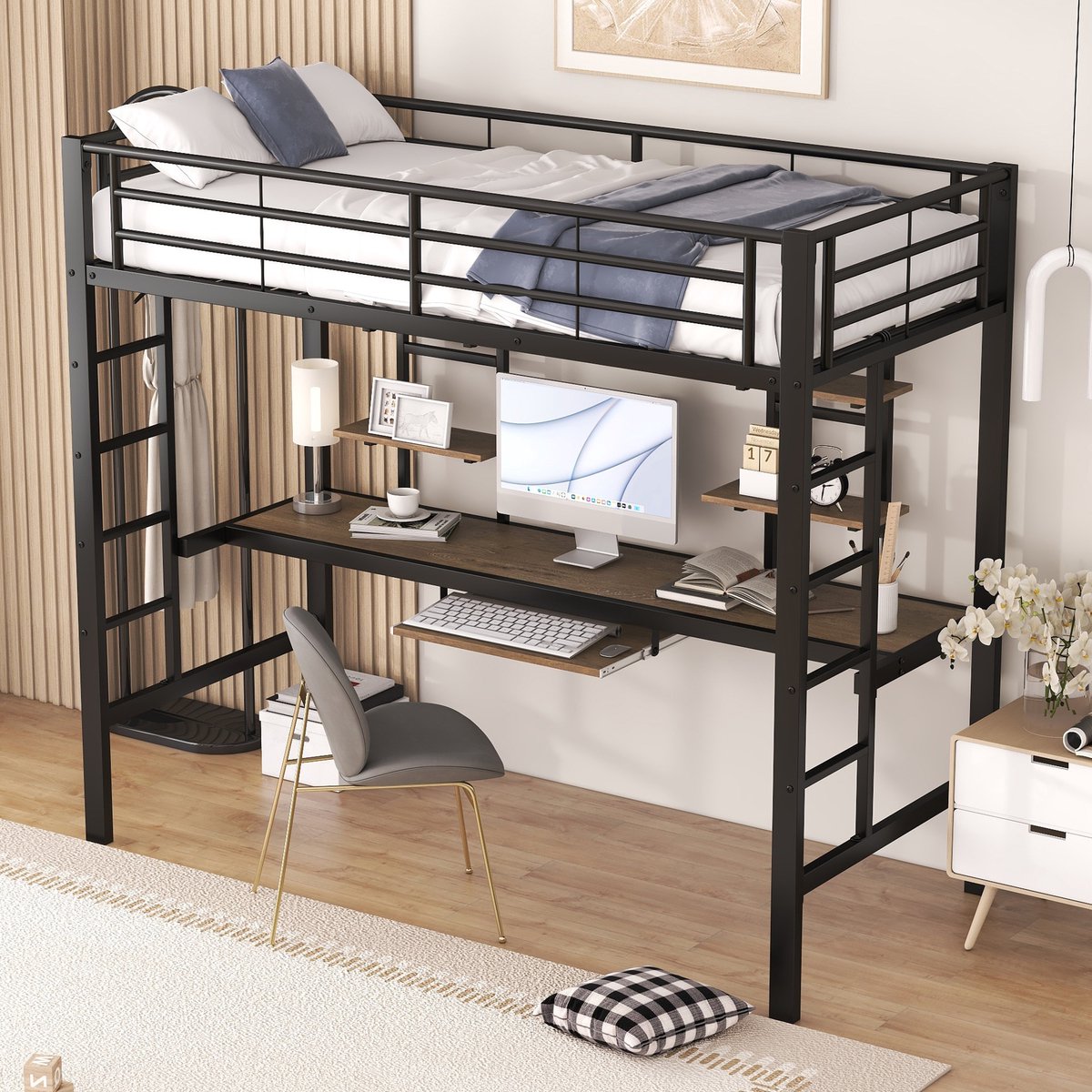 HAUSS SPOLE Hoogslaper 90x200 cm - Met Bureau en 2 Boekenplanken - Zonder Matras - Metaal en MDF - Zwart