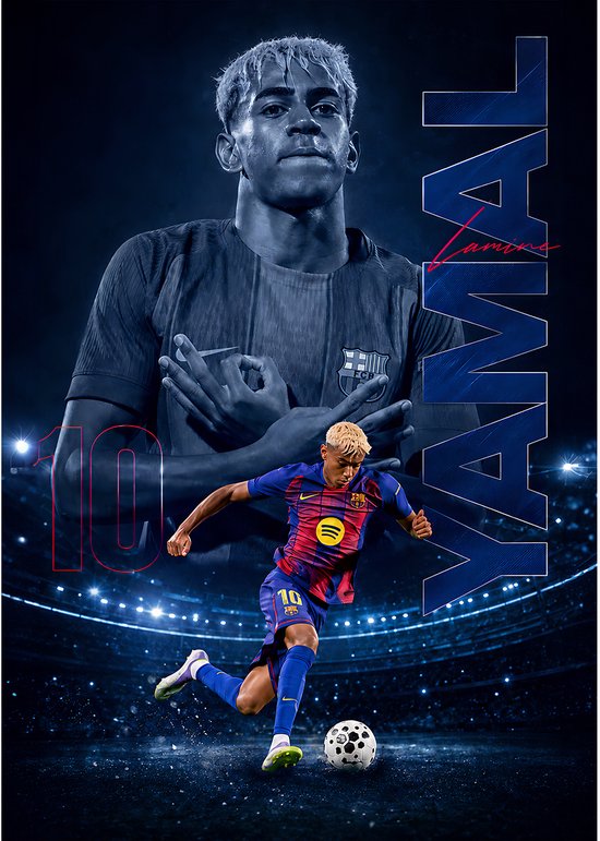 Affiche du footballeur Lamine Yamal, avec le grand texte 'YAMAL'. Signé.