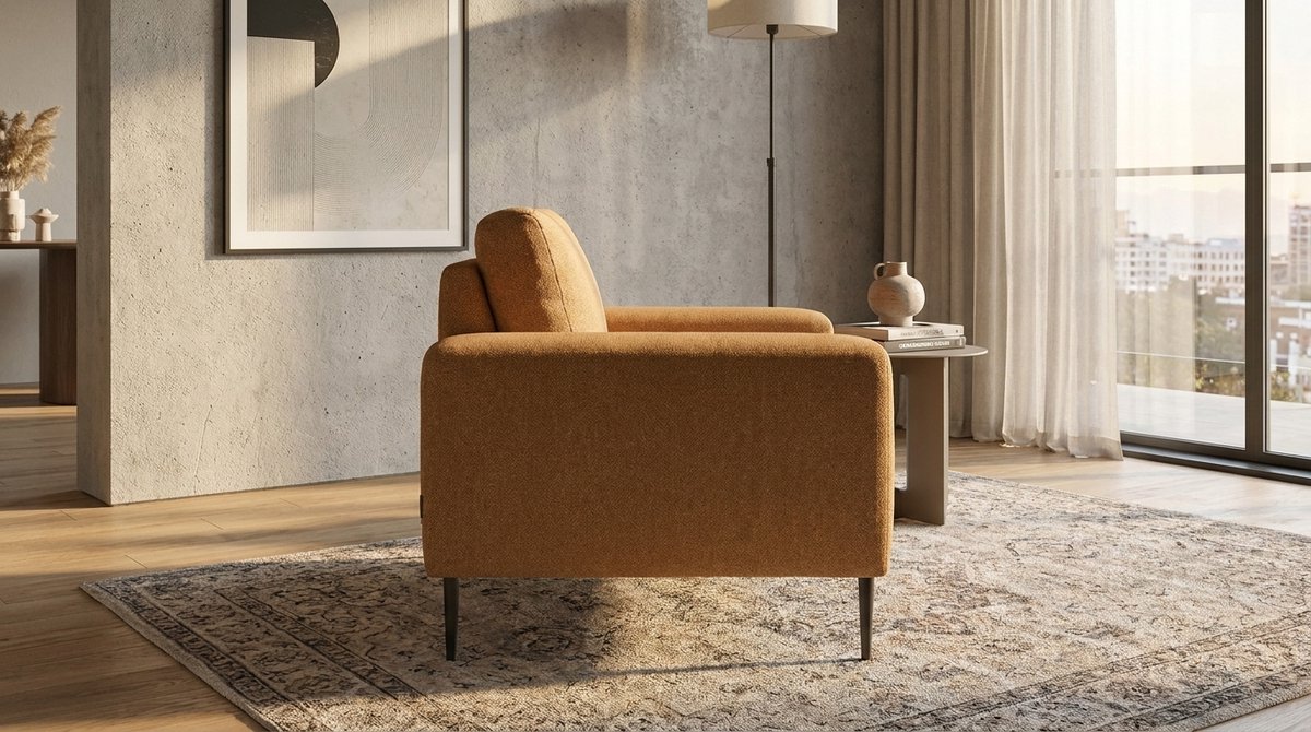 Fauteuil 1-Zits – House&Garden Ferraro Luxe Bouclé Fauteuil – Oker Geel – Design Lounge Stoel met Zwart Metalen Poten – Moderne Relaxstoel voor Woonkamer, Slaapkamer & Leeshoek – 112x88x85 cm