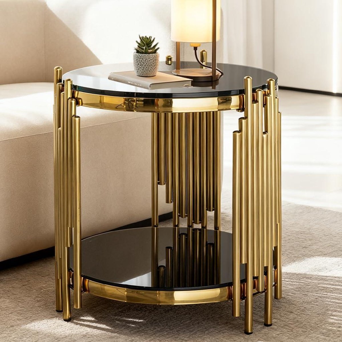 Ronde bijzettafel - Glazen tafel - Woonkamer inrichten - Dubbele glasplaten - 45 cm - Goud zwart