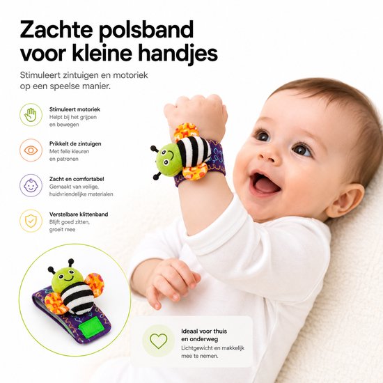 Zachte polsband met groene bij-applicatie in paars met grafische print. Zwart-wit gestreepte lijfje, oranje vleugels.